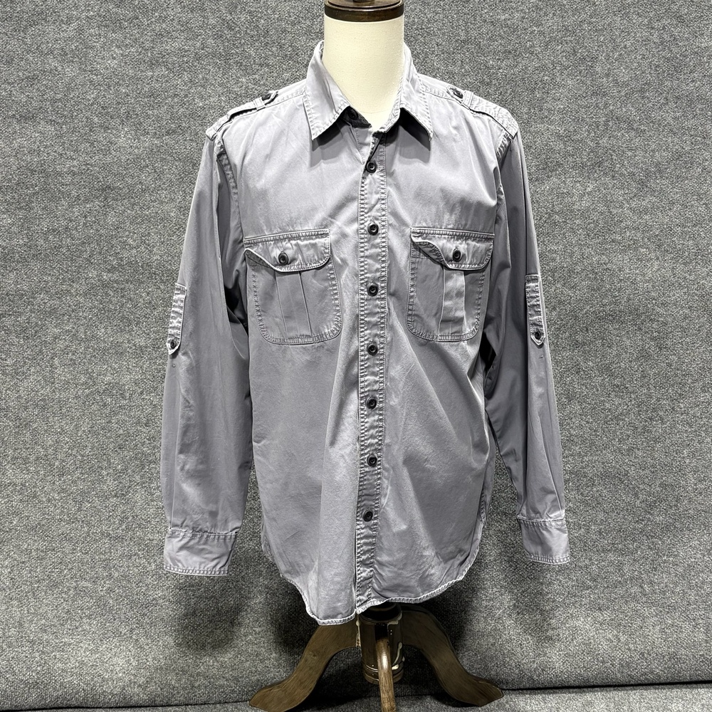 Eddie Bauer Shirt Mens LT Gray Twill Button Up Long Sleeve Epaulets Pockets
